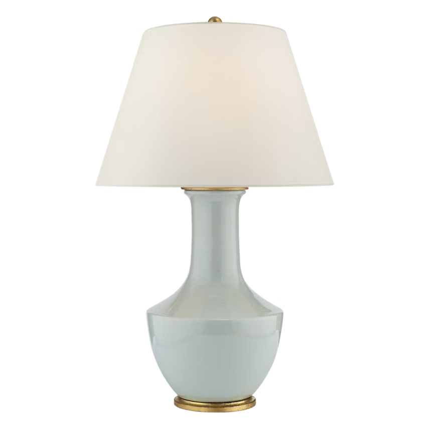 Table lamp with a white shade and light blue base on a white background