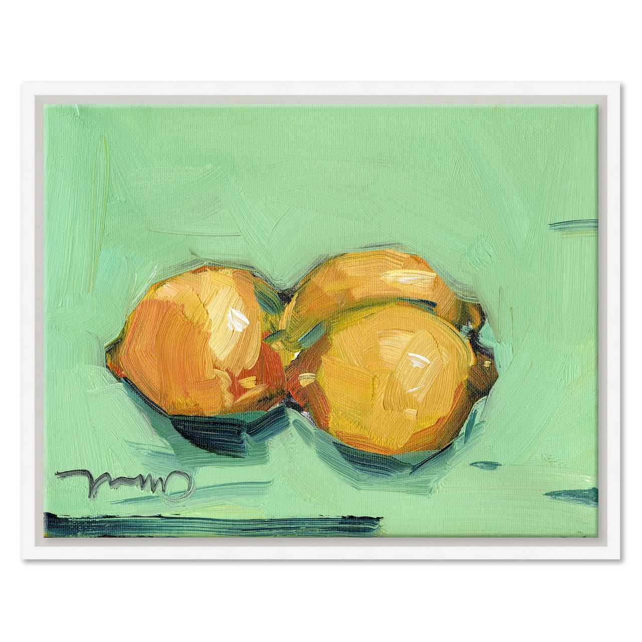 Painting of three lemons on a green background