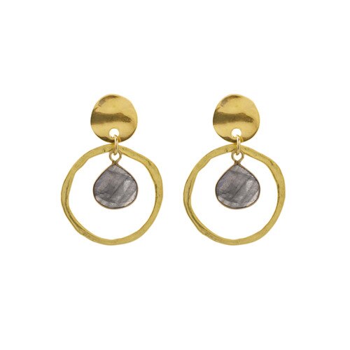 Gold earrings with circular designs and gray stones on a white background
