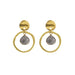 Gold earrings with circular designs and gray stones on a white background