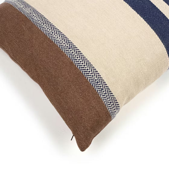 close up of blue and brown striped linen pillow cover