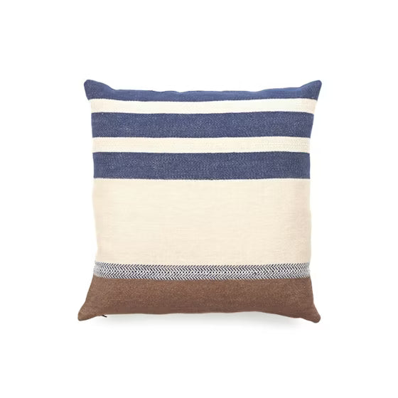 Striped pillow with blue, beige, and brown colors on a white background