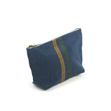 Blue linen pouch with a gold and green stripe on a white background