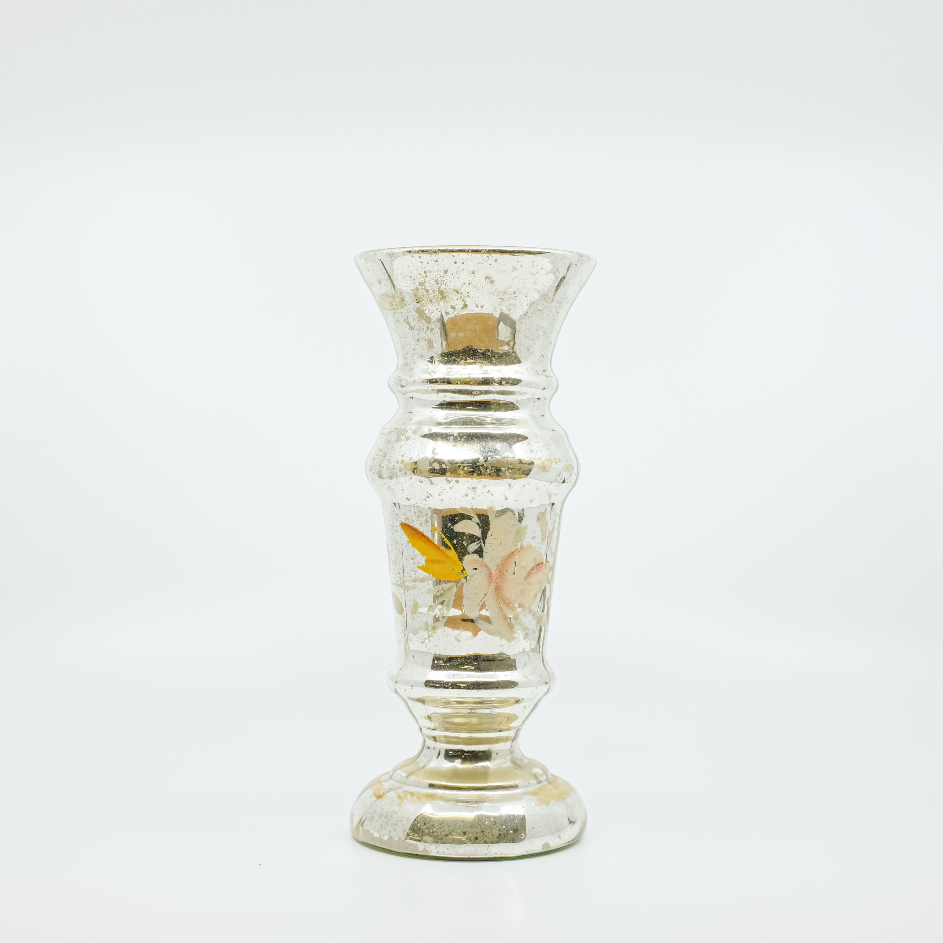 mercury glass vase with painted white and orange flowers