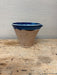 Ceramic planter with blue rim on a wooden surface
