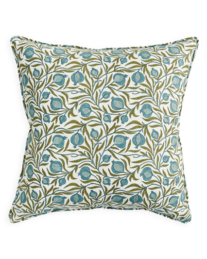 A square decorative throw pillow featuring an all-over botanical pattern of teal-blue berries and olive-green leaves on a warm off-white background.