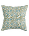 A square decorative throw pillow featuring an all-over botanical pattern of teal-blue berries and olive-green leaves on a warm off-white background.