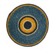 Round woven mat with concentric circle pattern in blue, yellow, and black on a white background