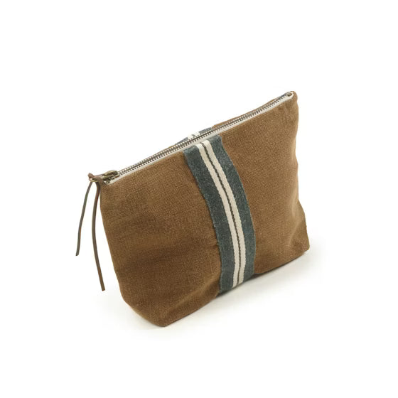 Brown fabric pouch with a striped pattern on a white background