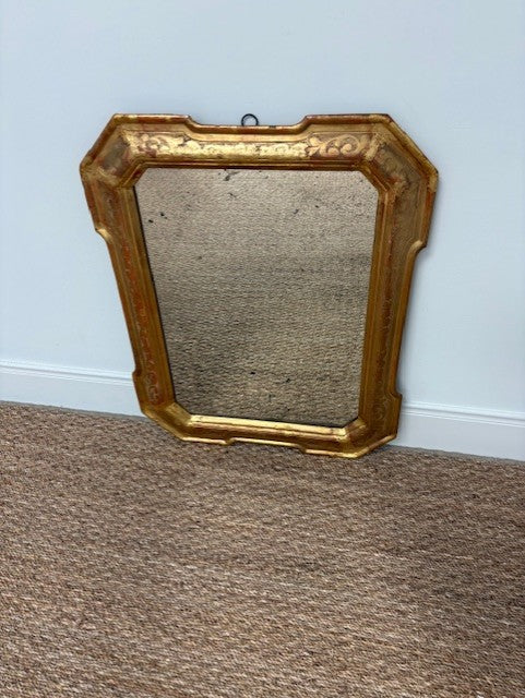 Gold-framed mirror on a carpeted floor with a light blue wall background