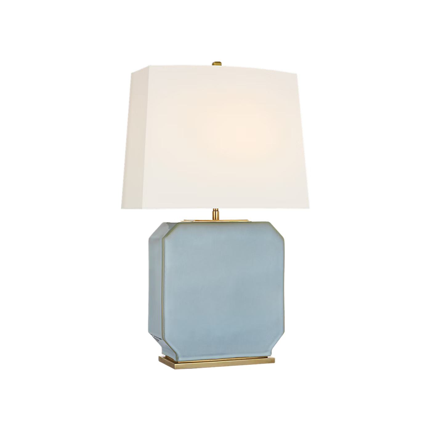 Table lamp with a light blue rectangular base and white shade on a white background