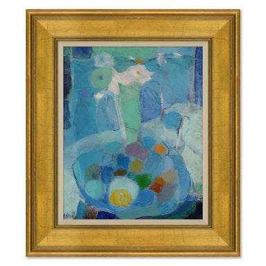 Abstract giclee painting with blue and green tones in a gold frame