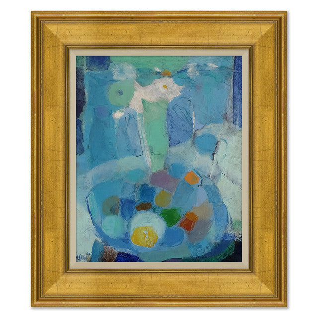 Abstract giclee painting with blue and green tones in a gold frame