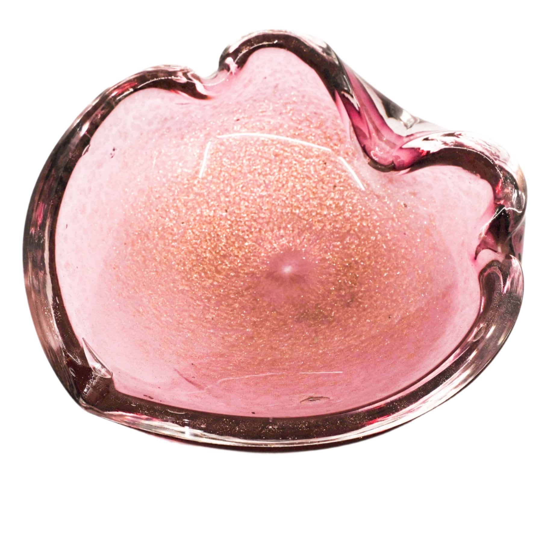 top-down view of pink and gold shimmer glass bowl