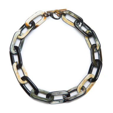 Chain necklace with black, gold, and silver buffalo links on a white background