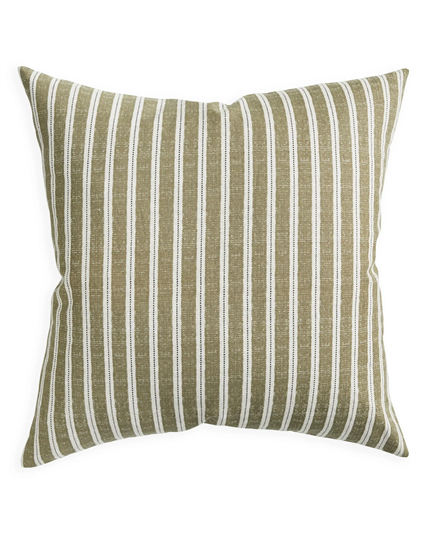 A square throw pillow with a vertical stripe pattern in olive green and white, shown against a plain white background.