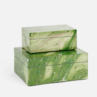 stack of two marbled green lacquer boxes