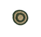 Round woven mat with green and beige concentric circles on a white background
