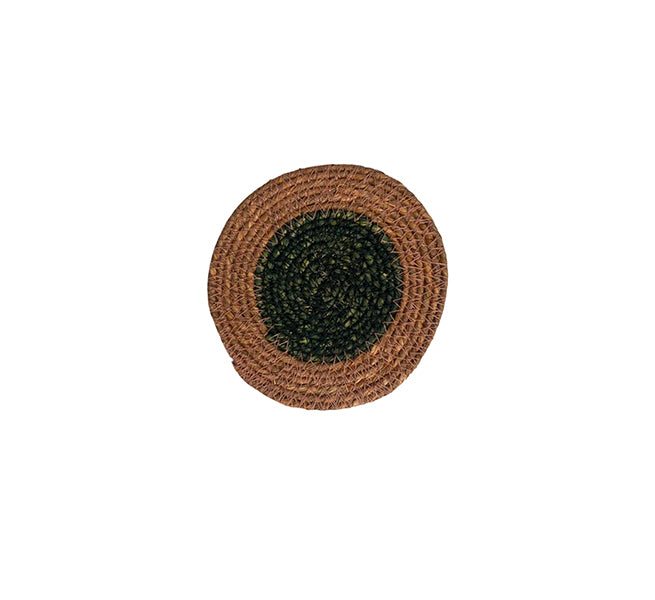 Round woven coaster with brown outer rim and black center on a white background
