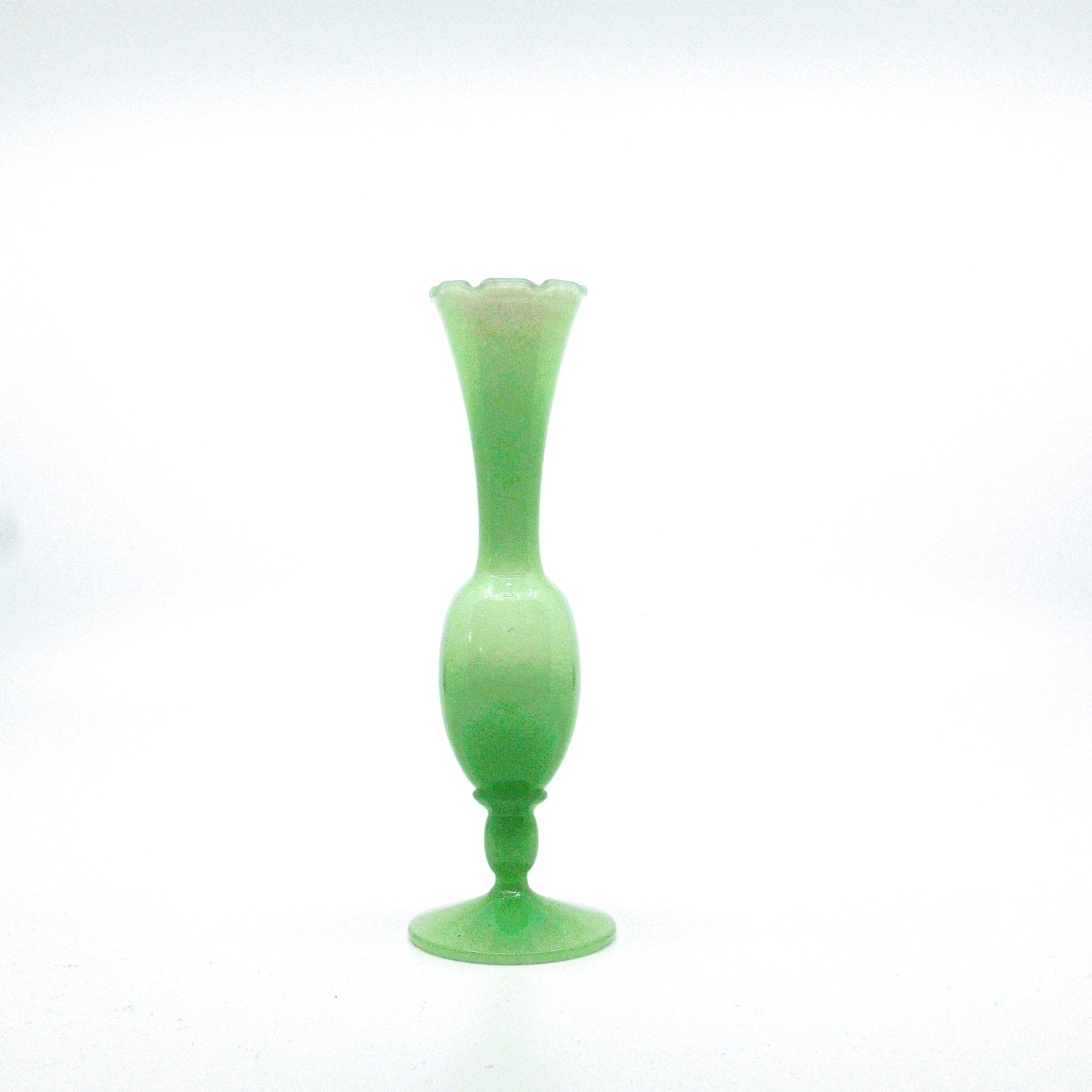 vintage green opaline footed vase with fluted rim