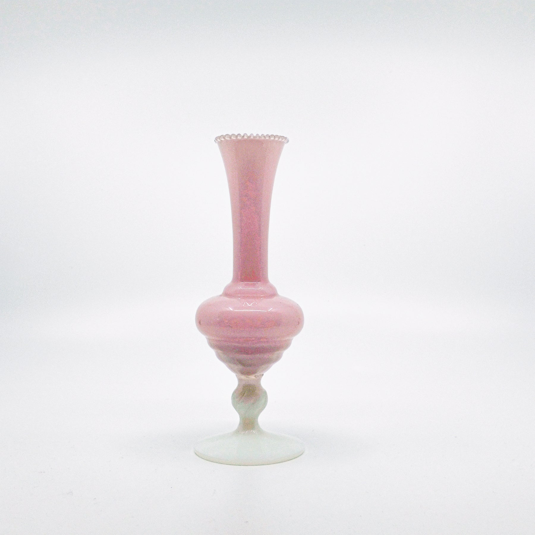 pink and white opaline vase with beaded rim