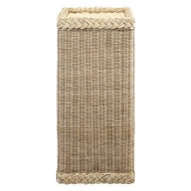 Woven rectangular basket with a braided handle on a white background