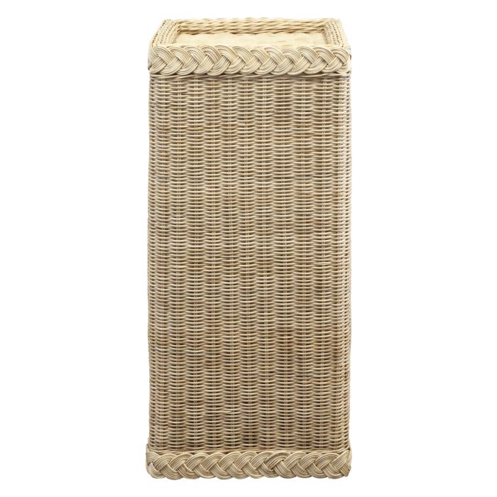 Woven rectangular basket with a braided handle on a white background