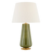 Table lamp with a green base and white shade on a transparent background