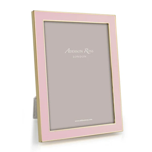 A vertical picture frame with a pastel pink outer border and a thin gold inner trim, shown standing on a white background. The frame is empty except for the printed Addison Ross London watermark in the center.