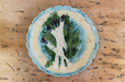 Decorative plate with asparagus design on a wooden surface