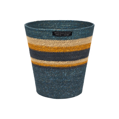 Woven basket with blue, orange, and beige stripes on a white background