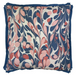 Linen pillow with a floral pattern in blue, pink, and white on a white background