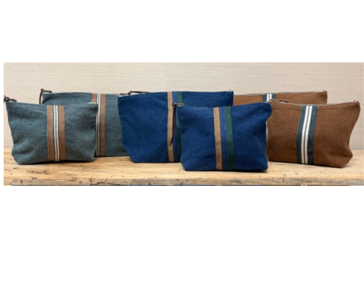 Set of blue and brown zippered pouches on a wooden surface with a neutral background