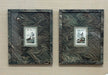 Two framed artworks with feathered patterns on a wooden wall.