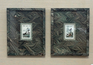 Two framed artworks with feathered patterns on a wooden wall.