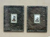 Two decorative wall frames with intricate patterns on a wooden surface.