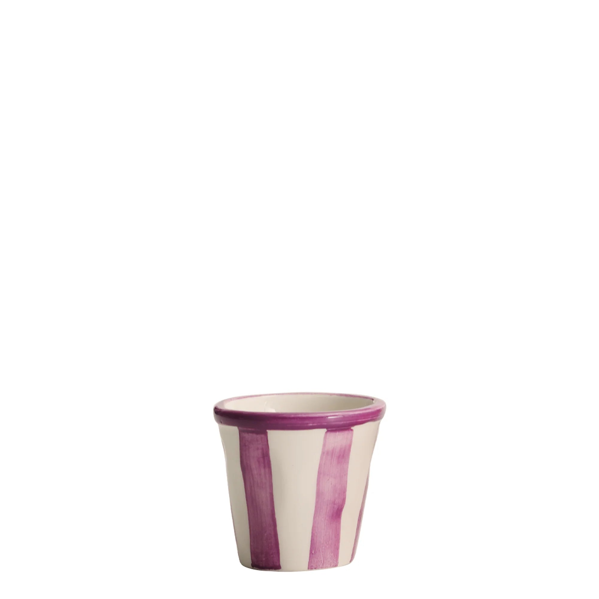 Ceramic cup with purple stripes on a white background