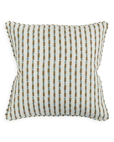 Decorative pillow with brown and blue striped pattern on a white background