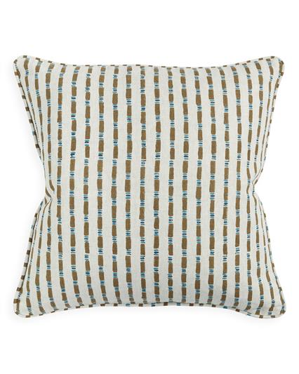 Decorative pillow with brown and blue striped pattern on a white background