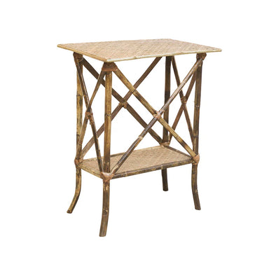 Wicker side table with a cross-brace design on a white background