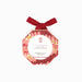 An octagonal hanging ornament frame with a red ribbon bow at the top, featuring a pink, red, and gold marbled pattern around a central white label. The label reads 'ORNAMENT PICTURE FRAME HANDCRAFTED BY ARTisans OF CRAFT BOAT' and includes the brand 'Craft Boat'.