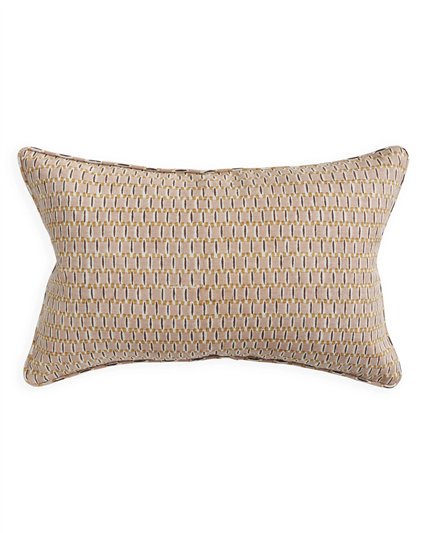 A rectangular lumbar throw pillow with a textured geometric pattern in beige, gold, and white, shown against a plain white background.