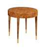Round wooden table with a woven top on a white background