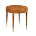Round wooden table with a woven top on a white background