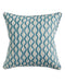 Decorative pillow with blue and white wavy pattern on a plain background