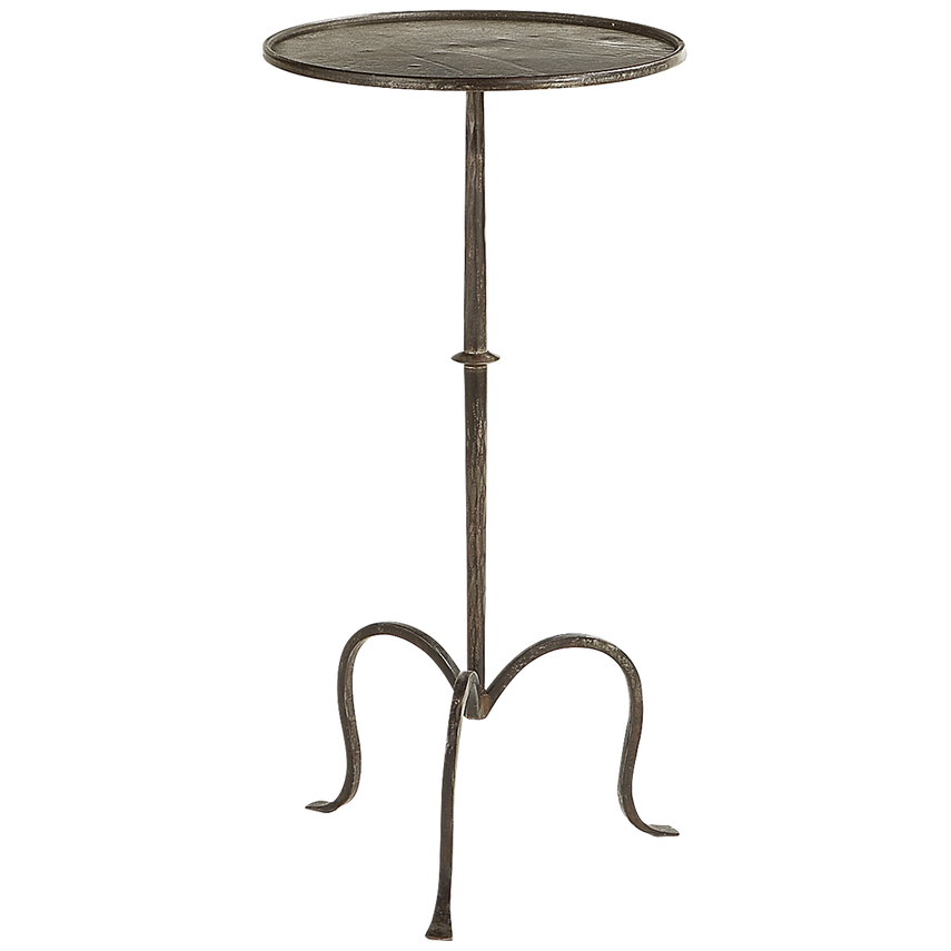 This image features a sophisticated Martini table crafted in aged iron. The table boasts a classic, elegant design with a circular top and a distinct antique finish, enhancing its visual appeal.
