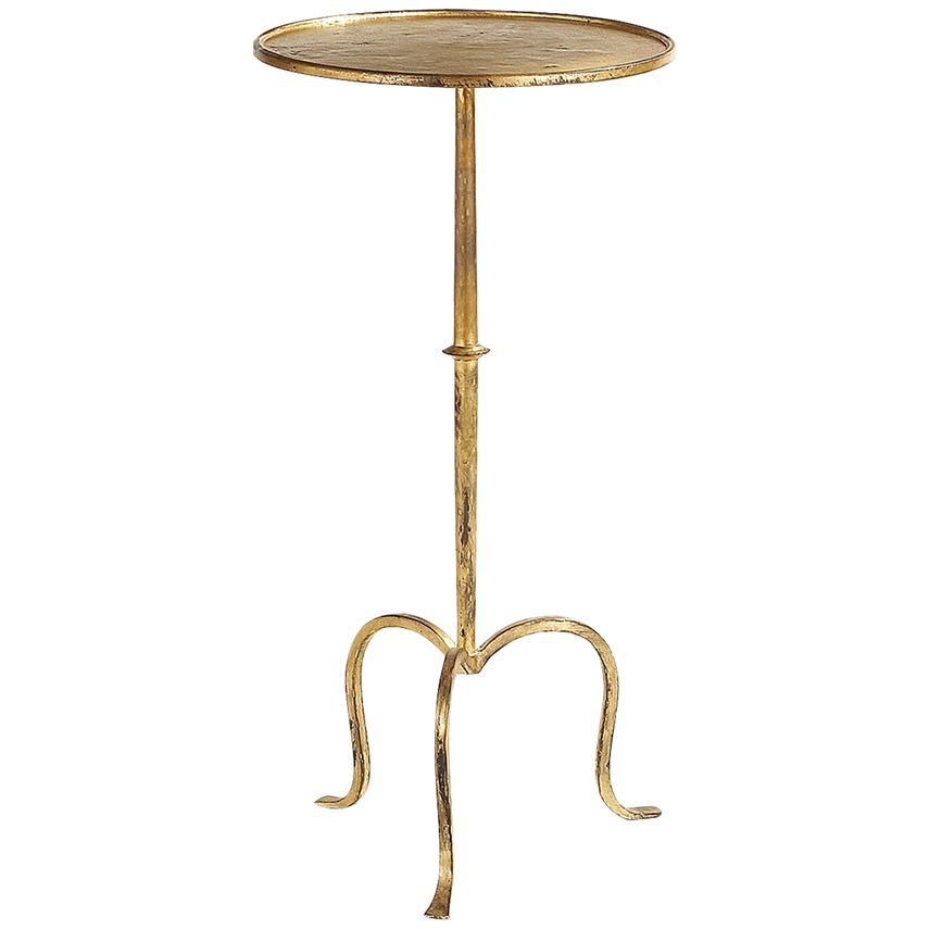 This image features a sophisticated Martini table crafted with gilded iron. The table showcases a classic, elegant design with a slender, elongated base that tapers into graceful curves at the knees, providing a stability that complements its delicate, circular tabletop.