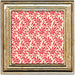 Framed fabric swatch with red leaf pattern on a beige background