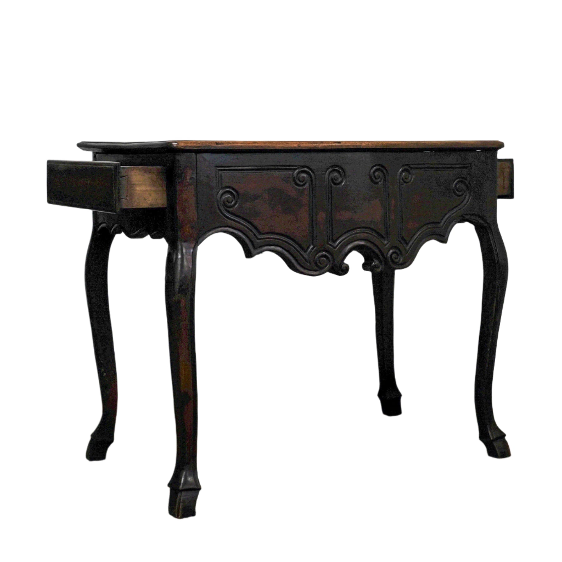 antique wood side table with side drawers open