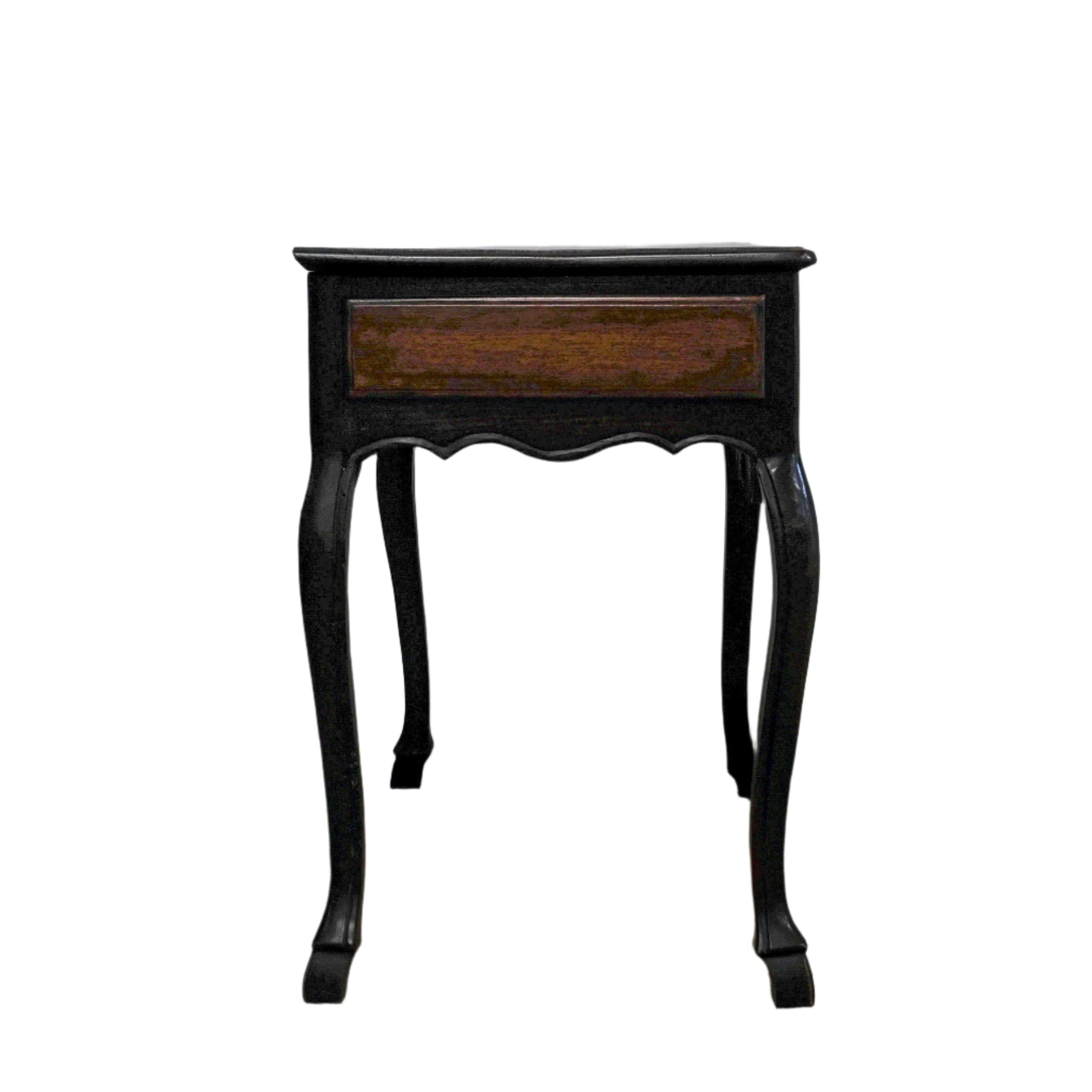 side view antique wood side table with bow legs